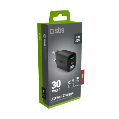 SBS - Cestovný adaptér LCD USB-C/USB-A, GaN, 30 W, PD, čierna
