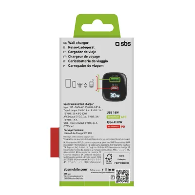 SBS - Cestovný adaptér LCD USB-C/USB-A, GaN, 30 W, PD, čierna
