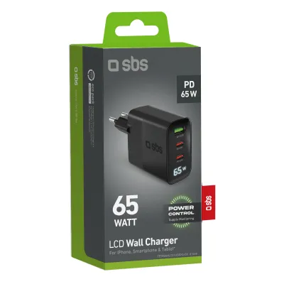 SBS - Cestovný adaptér LCD 2x USB-C/USB-A, 65 W, PD, čierna