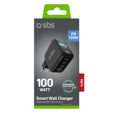 SBS - Cestovný adaptér Smart GaN, PD, 100 W, 3x USB-C/USB-A, čierna