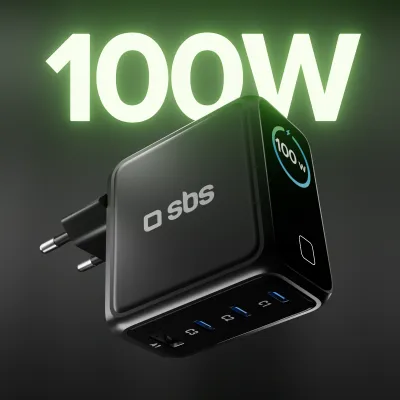 SBS - Cestovný adaptér Smart GaN, PD, 100 W, 3x USB-C/USB-A, čierna