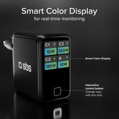 SBS - Cestovný adaptér Smart GaN, PD, 100 W, 3x USB-C/USB-A, čierna