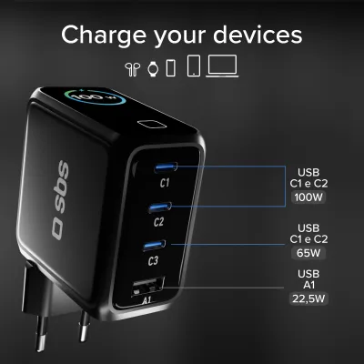 SBS - Cestovný adaptér Smart GaN, PD, 100 W, 3x USB-C/USB-A, čierna