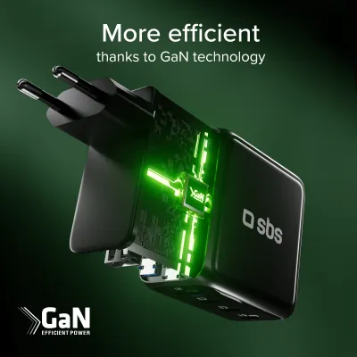 SBS - Cestovný adaptér Smart GaN, PD, 100 W, 3x USB-C/USB-A, čierna