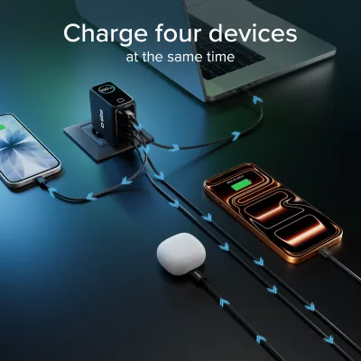SBS - Cestovný adaptér Smart GaN, PD, 100 W, 3x USB-C/USB-A, čierna