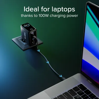 SBS - Cestovný adaptér Smart GaN, PD, 100 W, 3x USB-C/USB-A, čierna