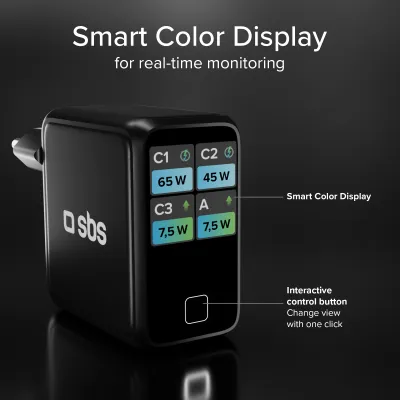 SBS - Cestovný adaptér Smart GaN 3x USB-C/USB-A, PD, 140 W, čierna