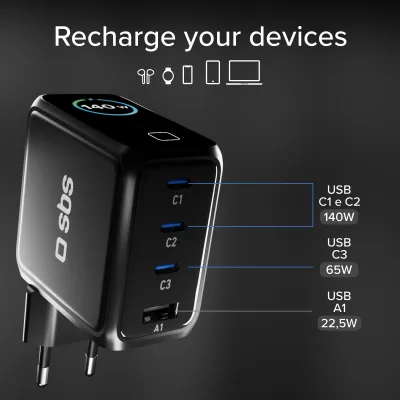 SBS - Cestovný adaptér Smart GaN 3x USB-C/USB-A, PD, 140 W, čierna