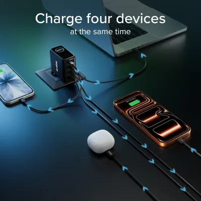 SBS - Cestovný adaptér Smart GaN 3x USB-C/USB-A, PD, 140 W, čierna