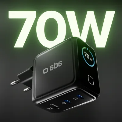 SBS - Cestovný adaptér Smart GaN, PD, 70 W, 2x USB-C/USB-A, čierna
