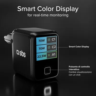 SBS - Cestovný adaptér Smart GaN, PD, 70 W, 2x USB-C/USB-A, čierna