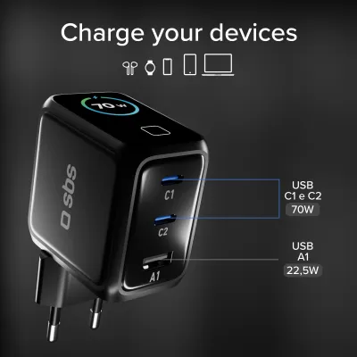 SBS - Cestovný adaptér Smart GaN, PD, 70 W, 2x USB-C/USB-A, čierna