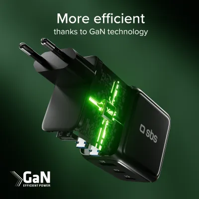 SBS - Cestovný adaptér Smart GaN, PD, 70 W, 2x USB-C/USB-A, čierna