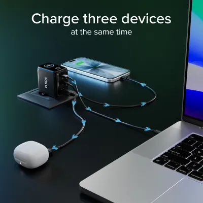 SBS - Cestovný adaptér Smart GaN, PD, 70 W, 2x USB-C/USB-A, čierna