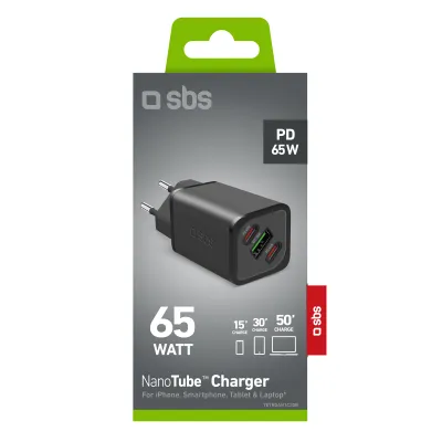 SBS - Cestovný adaptér NanoTube 2x USB-C/USB-A, GaN, 65 W, PD, čierna