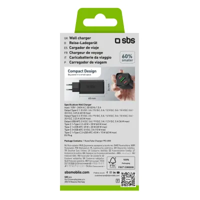 SBS - Cestovný adaptér NanoTube 2x USB-C/USB-A, GaN, 65 W, PD, čierna