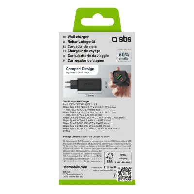 SBS - Cestovný adaptér NanoTube 2x USB-C/USB-A, GaN, 100 W, PD, čierna