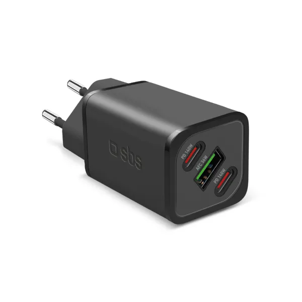 SBS - Cestovný adaptér NanoTube 2x USB-C/USB-A, GaN, 140 W, PD, čierna