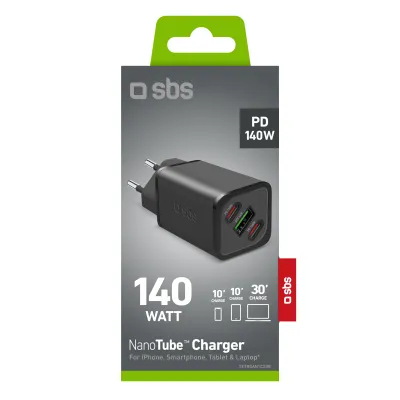 SBS - Cestovný adaptér NanoTube 2x USB-C/USB-A, GaN, 140 W, PD, čierna