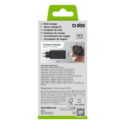 SBS - Cestovný adaptér NanoTube 2x USB-C/USB-A, GaN, 140 W, PD, čierna