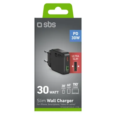 SBS - Cestovný adaptér Slim USB-A/USB-C, PD, 30 W, čierna