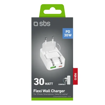 SBS - Sieťový adaptér Flexi, USB-A/USB-C, GaN, PD, 30 W, biela