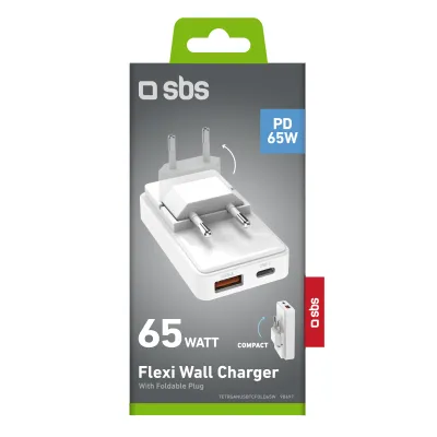 SBS - Sieťový adaptér Flexi, USB-A/USB-C, GaN, PD, 65 W, biela