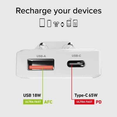 SBS - Sieťový adaptér Flexi, USB-A/USB-C, GaN, PD, 65 W, biela