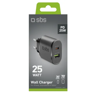 SBS - Cestovný adaptér USB-A AFC/USB-C, PD 25W, čierna