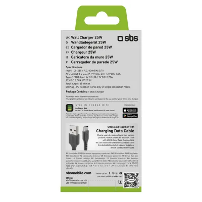 SBS - Cestovný adaptér USB-A AFC/USB-C, PD 25W, čierna