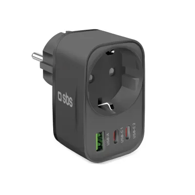 SBS - Viacportový cestovný adaptér 2x USB-C/USB-A/Schuko, PD 30 W, čierna