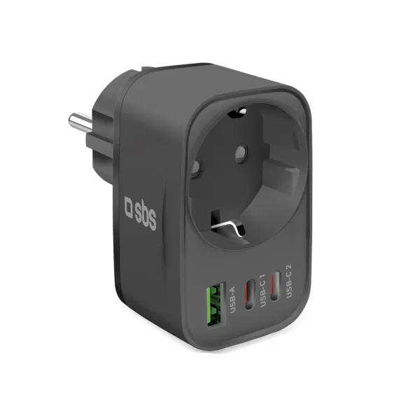 SBS - Viacportový cestovný adaptér 2x USB-C/USB-A/Schuko, PD 30 W, čierna