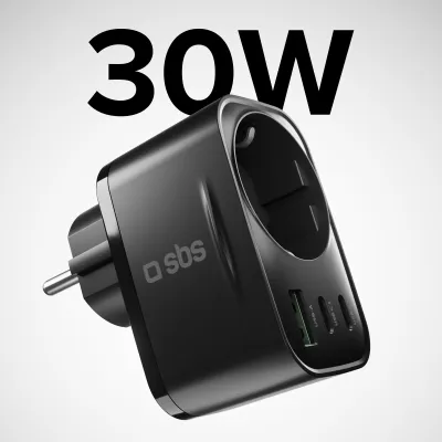 SBS - Viacportový cestovný adaptér 2x USB-C/USB-A/Schuko, PD 30 W, čierna