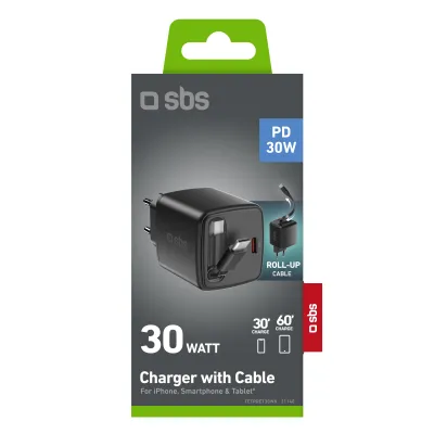 SBS - Cestovný adaptér s káblom USB-C, PD, 30 W, čierna