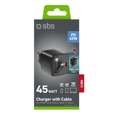 SBS - Cestovný adaptér s káblom USB-C, PD, 45 W, čierna