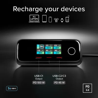 SBS - Nabíjacia stanica 3 xUSB-C, 2 xUSB-A, GaN, 100 W, čierna