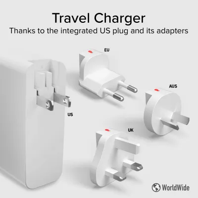 SBS - Cestovný nabíjací adaptér pre US/EU/UK/AUS 3x USB-C/USB-A, PD 100 W, biela
