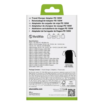 SBS - Cestovný nabíjací adaptér pre US/EU/UK/AUS 3x USB-C/USB-A, PD 100 W, biela