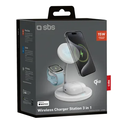 SBS - Bezdrôtová nabíjacia stanica, Qi2, 3x1, 15 W, biela