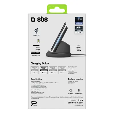 SBS - Bezdrôtová stolná nabíjačka s reproduktorom, 10 W QI, čierna