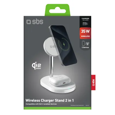 SBS - Bezdrôtová nabíjacia stanica 2 v 1 Qi 2.2 25 W, vertikálna, biela