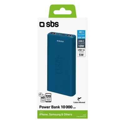 SBS - PowerBank 10000 mAh 10 W, Intelligent Charge, USB-C/2x USB-A, tyrkysová