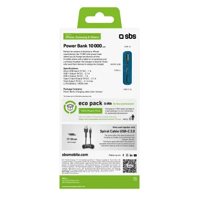 SBS - PowerBank 10000 mAh 10 W, Intelligent Charge, USB-C/2x USB-A, tyrkysová