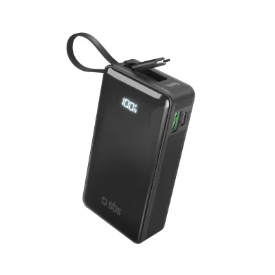 SBS - Powerbank 10000 mAh 20 W, Power Delivery, LCD, s integrovaným káblom, 2x USB-C/USB-A, čierna