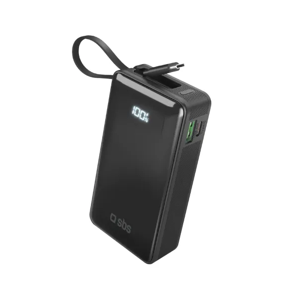 SBS - Powerbank 10000 mAh 20 W, Power Delivery, LCD, s integrovaným káblom, 2x USB-C/USB-A, čierna