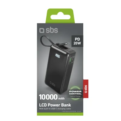 SBS - Powerbank 10000 mAh 20 W, Power Delivery, LCD, s integrovaným káblom, 2x USB-C/USB-A, čierna