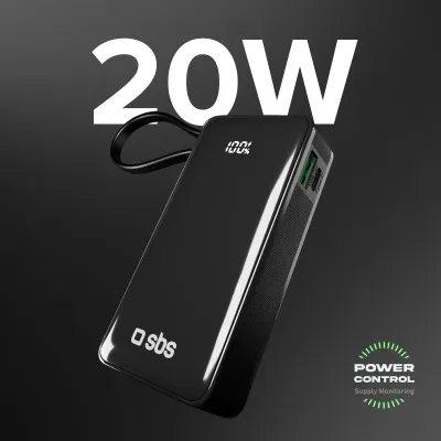 SBS - Powerbank 10000 mAh 20 W, Power Delivery, LCD, s integrovaným káblom, 2x USB-C/USB-A, čierna