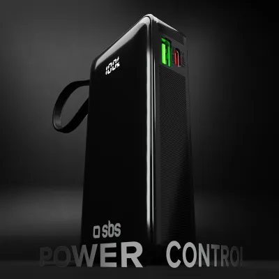SBS - Powerbank 10000 mAh 20 W, Power Delivery, LCD, s integrovaným káblom, 2x USB-C/USB-A, čierna
