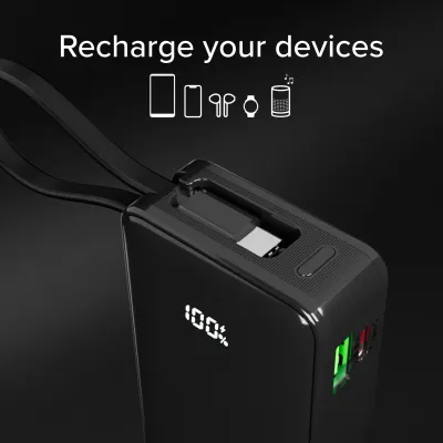 SBS - Powerbank 10000 mAh 20 W, Power Delivery, LCD, s integrovaným káblom, 2x USB-C/USB-A, čierna