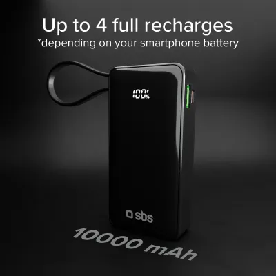 SBS - Powerbank 10000 mAh 20 W, Power Delivery, LCD, s integrovaným káblom, 2x USB-C/USB-A, čierna
